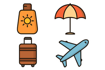 Travel related symbol set with sunscreen bottle, beach umbrella, luggage suitcase, airplane icon, summer vacation essentials, tourism and holiday vector graphics design for infographics and banners