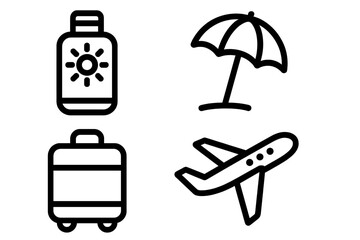 Travel related icon set with sunscreen bottle, beach umbrella, luggage suitcase, airplane vector symbols for banners, infographics, books, articles, and design projects