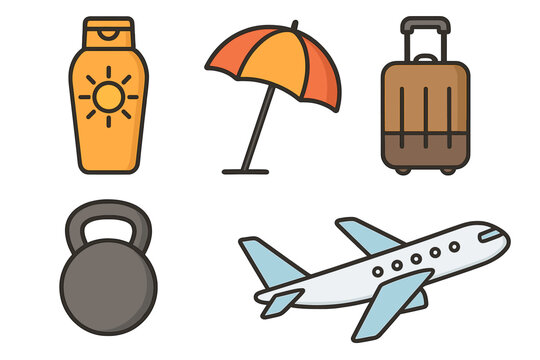 Travel and vacation related icon set including sunscreen bottle, beach umbrella, rolling luggage, kettlebell weight, and airplane vector for banners, infographics, articles, and design projects