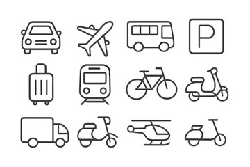 Transport and vehicle line icons collection with cars, airplanes, buses, parking signs, trains, bikes, scooters, trucks, helicopters; travel and transit vector illustration