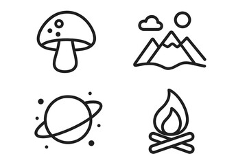 Mushroom, mountain, planet, bonfire icons set for websites and apps, vector cartoon illustrations with transparent background, nature and space elements, camping and adventure symbols