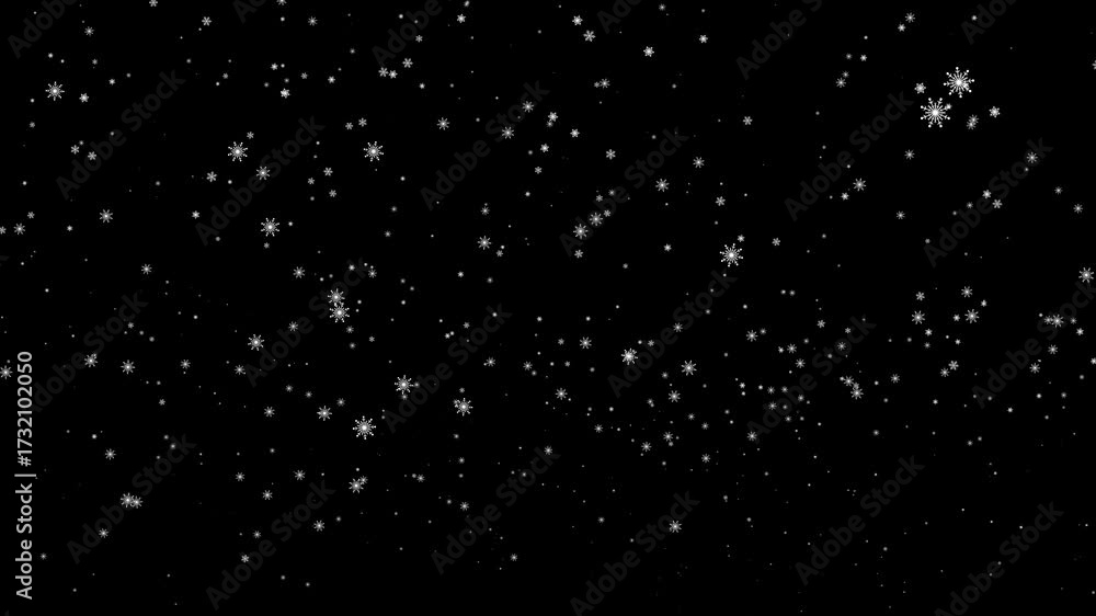 Poster beautiful loop falling moving white snowflakes particles animaiton on black abstract background.