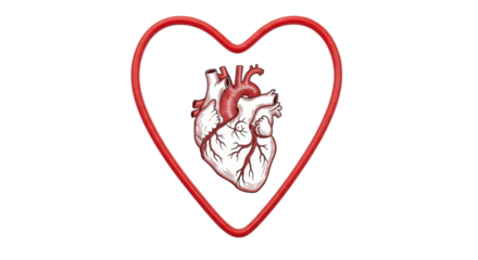 Isolated human anatomical heart in a red heart-shaped outline is in the center of the frame