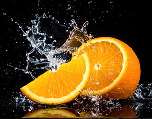 Fresh Orange Slice Splashing Water Against Black Background.