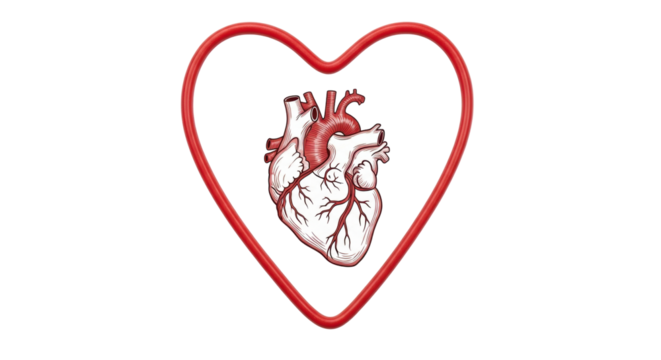 Isolated human anatomical heart in a red heart-shaped outline is in the center of the frame