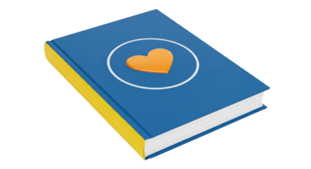 Isolated book with a heart decoration, knowledge publication, yellow spine, illustration