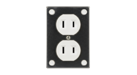 Isolated gray duplex outlet with screw in center and mounting screw holes on corners