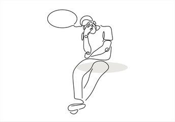 Man in Distress Contemplative Pose with Speech Bubble.  line icon-continuous line drawing. Editable stroke. 
