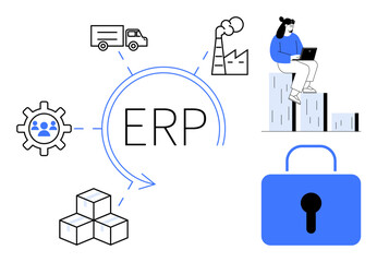 ERP system surrounded by gear, factory, truck, boxes, lock, and person on data block. Ideal for business automation, supply chain, security productivity logistics teamwork modern technology