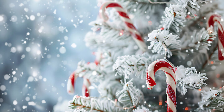 Festive frosted evergreen branches adorned with classic red and white candy canes, dusted with falling snow.