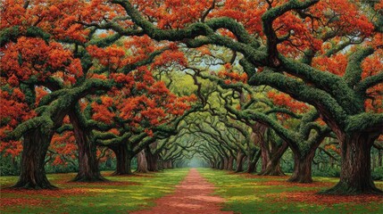 Oak trees lining serene road in painting concept. Vibrant autumn trees creating a colorful path in the forest.
