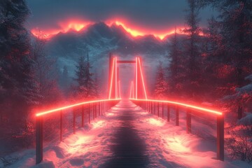 Snow-covered bridge with red lights.