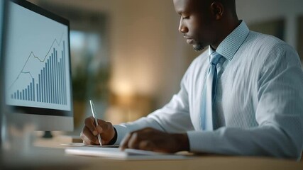 male analyst creating report with infographic of upward arrows digital storytelling data visualization subtle clicking and muted conversation three quarter wide angle cinematic - Powered by Adobe