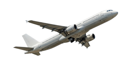 Isolated Commercial Airplane in Flight Rising Upward with Visible Engines and Landing Gear