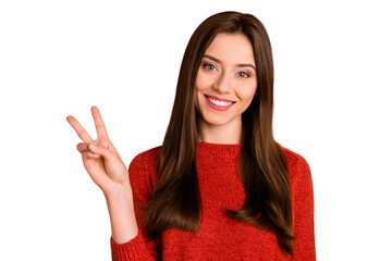 Portrait of positive cheerful lovely woman make v-signs have fun weekends wear red sweater clothes...