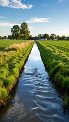 Canal through a verdant field under a sunny sky