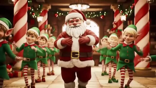 Santa Claus and his cheerful elves perform a lively Christmas dance in a festive workshop,spreading holiday joy and spirit with their synchronized movements and happy expressions.