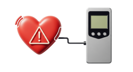 Isolated heart monitoring device showing danger signal with red heart and gray monitor design