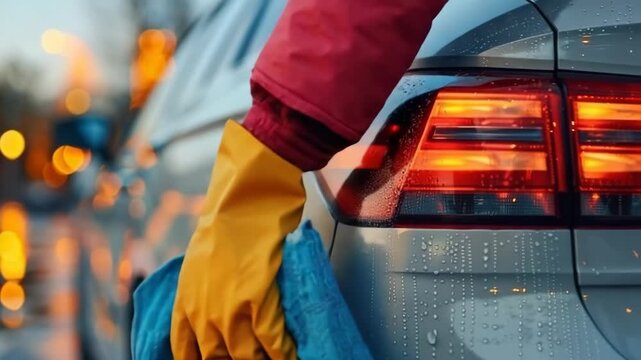 Hand wearing yellow glove wipes car tail light with blue cloth, water droplets on shiny surface, soft background lights.
