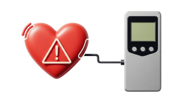 Isolated heart monitoring device showing danger signal with red heart and gray monitor design