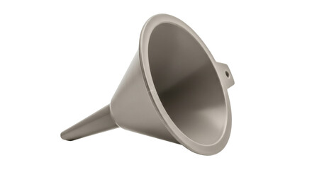 Isolated gray funnel used for pouring liquids into smaller opening with side handle grip