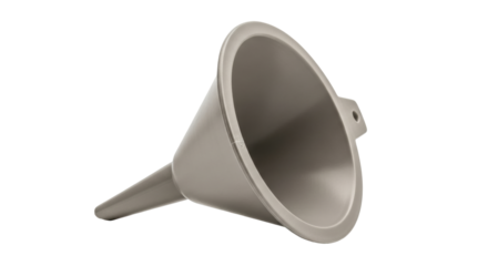 Isolated gray funnel used for pouring liquids into smaller opening with side handle grip