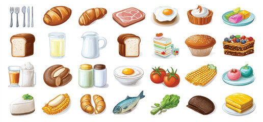 Diverse Selection of Cartoon Food Items in a Colorful and Appealing Arrangement Great for Culinary Designs