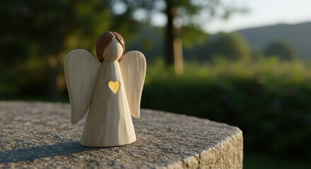 Wooden Angel Figurine with Heart Symbol on a Stone Surface Surrounded by Nature in Soft Evening Light