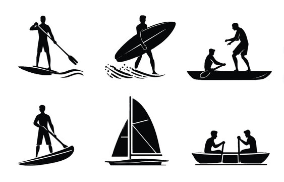 Diverse water sport activities depicted in silhouette including paddleboarding surfing sailing canoeing and boating adventures