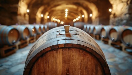 Wooden wine barrels line a cellar, lit dimly, creating a sense of aging and maturation
