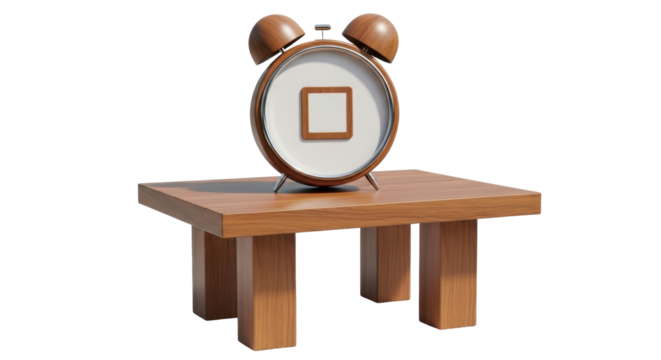 Isolated vintage alarm clock on wooden table, retro time reminder and square blank face