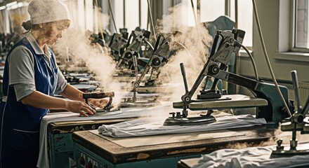 Woman ironing clothes in a factory with steam rising from machines