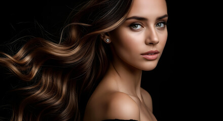 Fototapeta premium Stunning brunette with flowing waves and radiant skin, perfect for beauty ads, hair product campaigns, or fashion editorials showcasing modern, sophisticated elegance and style