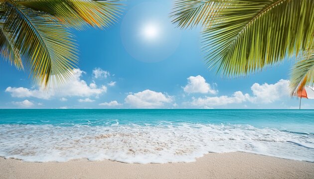 Summer Sale Banner Template With Beach And Sea Water Bigsun Coconut Trees Palm Leaves And Blue Sky With Clouds