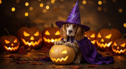 Adorable Dog in Witch Hat with Pumpkin Surrounded by Halloween Decorations and Warm Candlelight