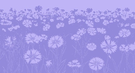 Lilac-toned field with flowers, silhouette style, flat and stylized