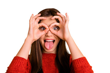 Back to childhood concept. Close up photo of funny funky hipster lady show ok sign make binoculars...