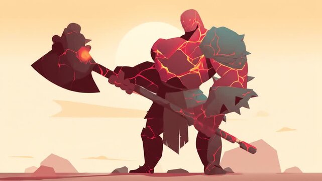 Animated character with large axe against a sunset background