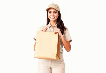 Woman holding craft delivery paper bag mockup, ai generated
