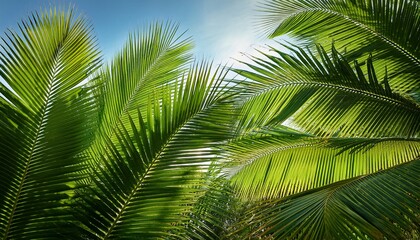 Fototapeta premium Sway Of Palm Leaves Transports One Senses To A Realm Of Tranquility And Enchantment Embodying Allure Of Far Flung Paradises And Captivating Essence Of Nature Sanctuary