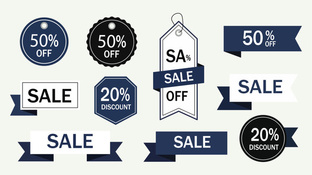 Sale discount tags with percentage off labels, price promotion badges, shopping offer banners, special coupon stickers, retail marketing icons
