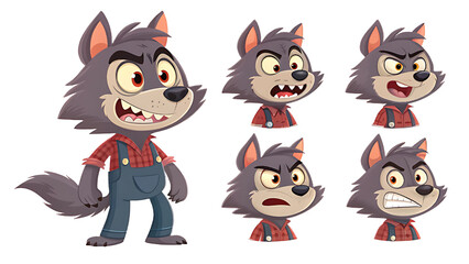 Fototapeta premium Cartoon wolf with various expressions isolated on white background