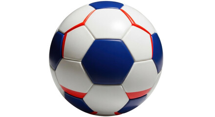 Isolated soccer ball with blue, white, and red panels, spherical design, sports equipment