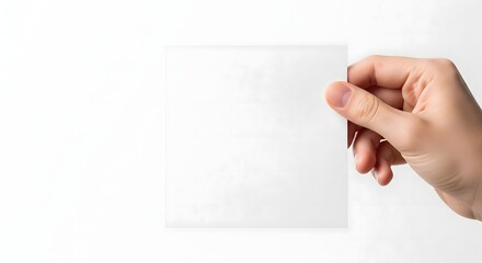 Hand holding a blank white paper note card for message, reminder, announcement or branding mockup concept with clean minimal background, copy space for text, design, business or communication use