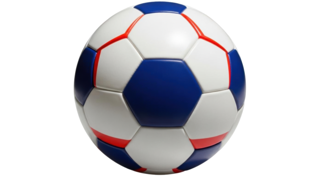 Isolated soccer ball with blue, white, and red panels, spherical design, sports equipment