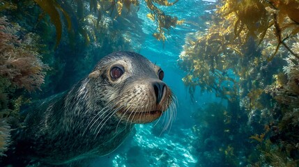 Fototapeta premium Close up of a cape fur seal swimming in the kelp forest in the atlantic ocean, south africa