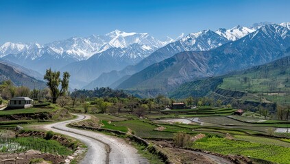 Scenic mountain road through rural valley under blue sky. Travel, scenic ads