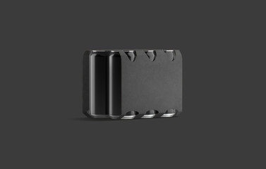 Blank black six can cardboard pack mockup, half-turned view