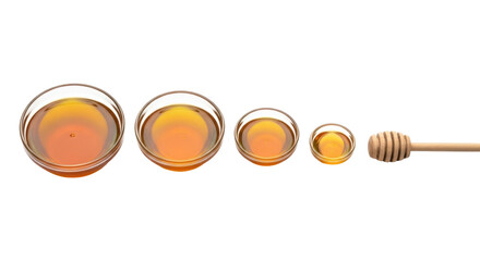 Isolated honey bowls, natural sweetener, dipper with varying sizes, a golden sweet treat
