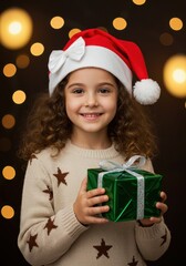 Cheerful little girl in Santa hat holding green gift box with twinkling lights in the background celebrating the holiday season